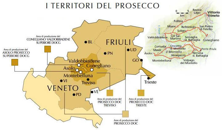 La mappa dei cosiddetti "territori del prosecco" in Veneto.