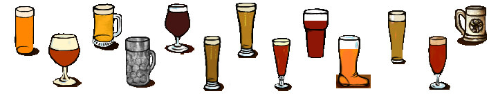Illustrazione con i tipi dei bicchieri usati per degustare le birre (le immagini sono disposte secondo l'ordine di cui alla descrizione riportata nell'articolo).