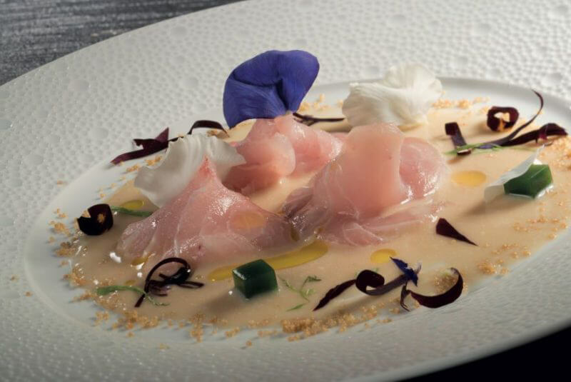 Ricciola  with Leek, and Basil in a Violet Sauce from Moreno Cedroni 