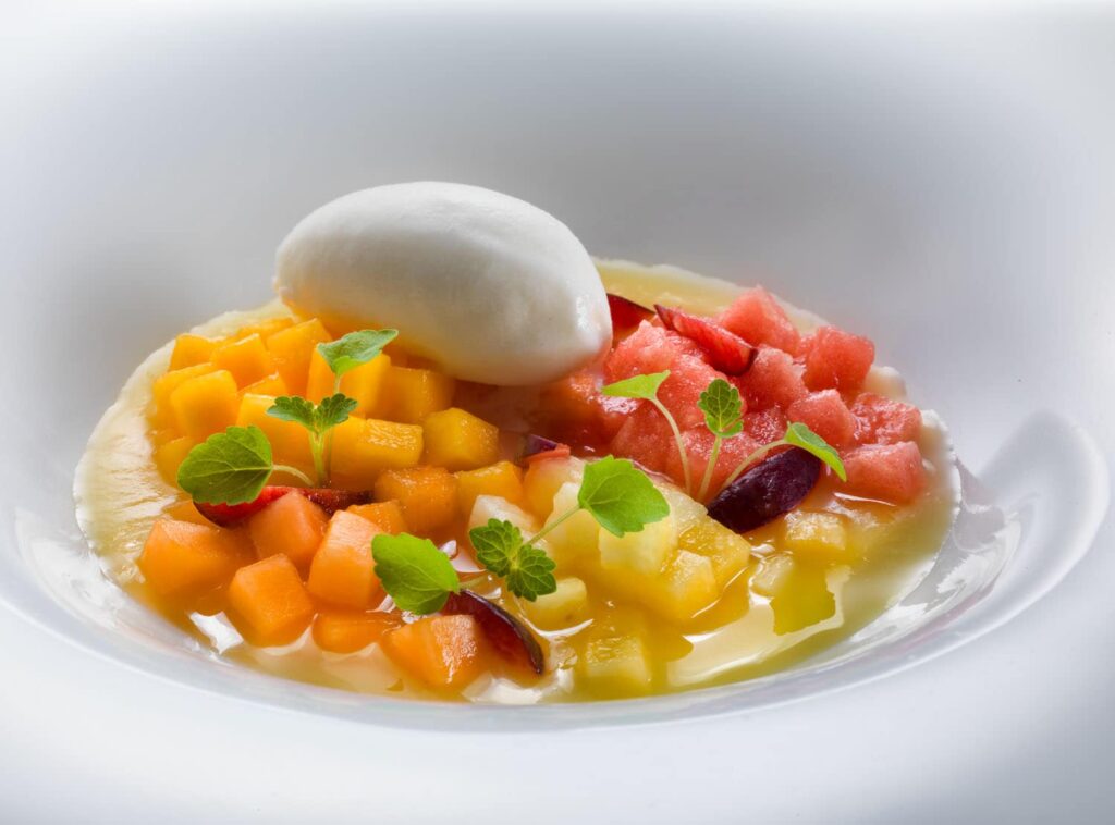 Fruit salad with lemongrass jelly and ginger ice cream from Heinz Beck